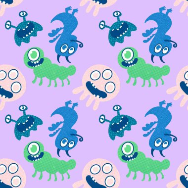 Cartoon monsters seamless emoticons aliens pattern for kids clothes print and wrapping paper and fabrics and linens and kindergarten. High quality illustration