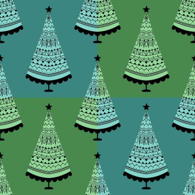 Suluboya Noel ağacı ambalaj kağıtları, kumaşlar, parti aksesuarları, şenlikli ambalajlar ve çocuk giysileri baskısı için kusursuz yeni yıl deseni. Yüksek kaliteli illüstrasyon