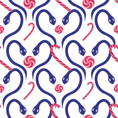 Noel çizgi filmlerindeki kusursuz yılan desenleri. Yeni yıl ambalaj kağıtları, kumaşlar, çarşaflar, çocuk giysileri baskıları ve şenlikli ambalajlar için. Yüksek kaliteli illüstrasyon