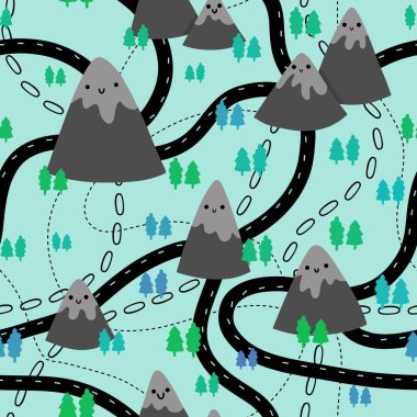 Karikatür dağları, ambalaj kağıdı, kumaş ve çocuk giysisi baskısı, şenlikli ambalajlar, spor aksesuarları ve seyahat tekstili için kusursuz meslek düzeni. Yüksek kaliteli illüstrasyon