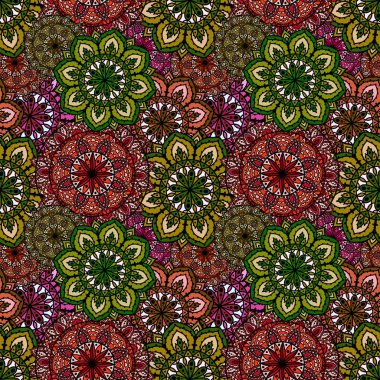 Kumaşlar ve çarşaflar, ambalajlar, moda tekstil ürünleri, parti aksesuarları, şenlik ambalajları ve çocuk baskıları için soyut geometrik dikişsiz mandala deseni. Yüksek kaliteli illüstrasyon