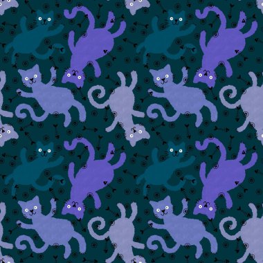 Cadılar Bayramı hayvanları kağıt, kumaş ve çocuk giysileri, aksesuar ve sonbahar tekstil ürünleri ve ev yapımı dekorlar için kusursuz suluboya kediler deseni. Yüksek kaliteli illüstrasyon