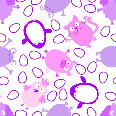 Paskalya hayvanları ve yumurtalar dikişsiz penguenler ve kediler ve kurbağalar ve tavuk ve koyun ve kağıt ve kumaşlar için domuz deseni ve çocuk baskısı ve bahar aksesuarları. Yüksek kaliteli illüstrasyon