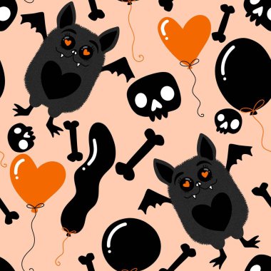 Cadılar Bayramı hayvanlarının karikatürleri karikatürsüz yarasaların canavar desenleri kağıt, kumaş, çarşaf ve çocuk giysileri baskısı ve sonbahar ambalajları ve parti aksesuarları. Yüksek kaliteli illüstrasyon