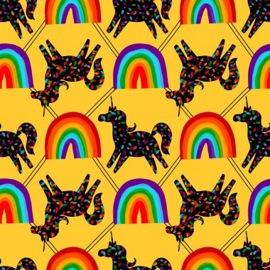 Yaz çizgi filmlerindeki hayvanlar, kağıt, kumaş, çarşaf, tekstil ve gurur partisi aksesuarları için kusursuz lgbt gökkuşağı ve tek boynuzlu at desenleri basarlar. Yüksek kaliteli illüstrasyon