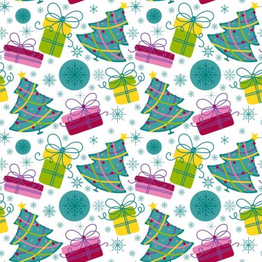 Suluboya Noel ağacı ambalaj kağıtları, kumaşlar, parti aksesuarları, şenlikli ambalajlar ve çocuk giysileri baskısı için kusursuz yeni yıl deseni. Yüksek kaliteli illüstrasyon