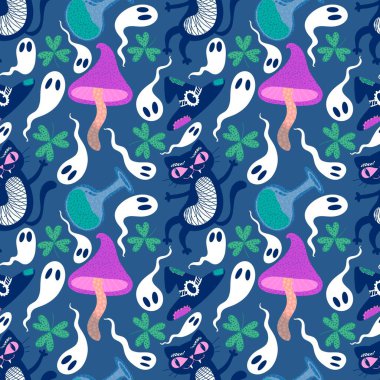 Cadılar Bayramı kara kedisi dikişsiz cadı kedi ve mantarlar ve kağıt, kumaş, çarşaf ve çocuk kıyafetleri ve parti aksesuarları için zehirli şişe deseni. Yüksek kaliteli illüstrasyon