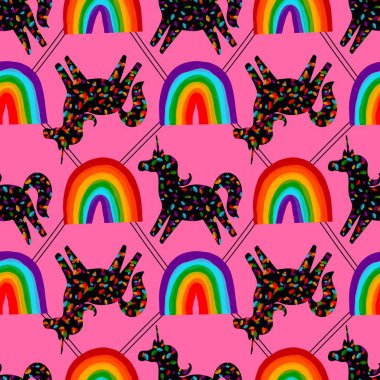 Yaz çizgi filmlerindeki hayvanlar, kağıt, kumaş, çarşaf, tekstil ve gurur partisi aksesuarları için kusursuz lgbt gökkuşağı ve tek boynuzlu at desenleri basarlar. Yüksek kaliteli illüstrasyon