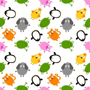 Paskalya hayvanları ve yumurtalar dikişsiz penguenler ve kediler ve kurbağalar ve tavuk ve koyun ve kağıt ve kumaşlar için domuz deseni ve çocuk baskısı ve bahar aksesuarları. Yüksek kaliteli illüstrasyon