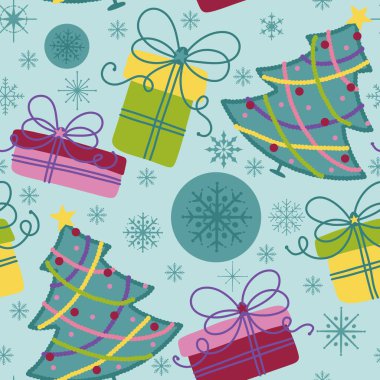 Suluboya Noel ağacı ambalaj kağıtları, kumaşlar, parti aksesuarları, şenlikli ambalajlar ve çocuk giysileri baskısı için kusursuz yeni yıl deseni. Yüksek kaliteli illüstrasyon