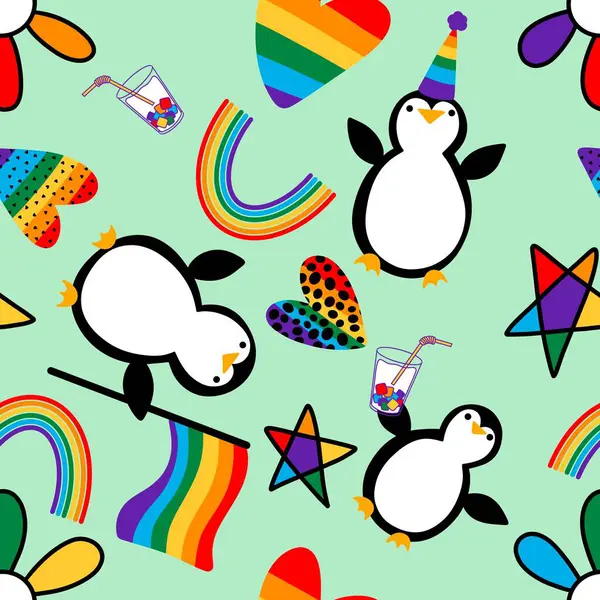 Kağıt, kumaş, çarşaf ve parti aksesuarları ve şenlik ambalajları için yazlık, gökkuşağı renksiz lgbt penguen deseni. Yüksek kaliteli illüstrasyon