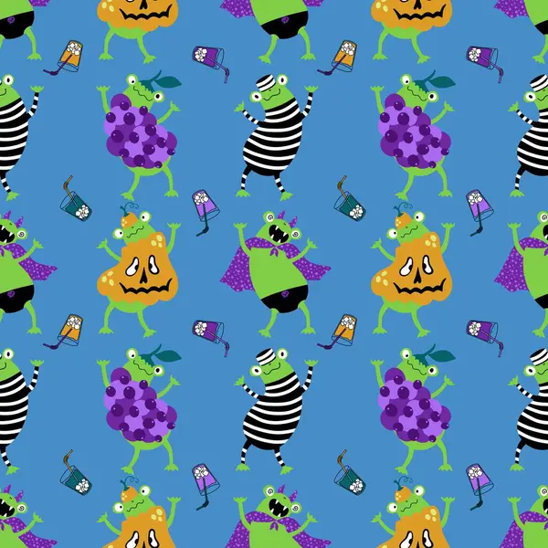 Çizgi film cadılar bayramı hayvan karnavalı kostümleri, kağıt, kumaş, çarşaf, çocuk kıyafetleri ve sonbahar partisi aksesuarları için kusursuz kurbağalar ve balkabağı desenleri. Yüksek kaliteli illüstrasyon