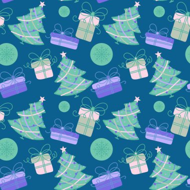 Suluboya Noel ağacı ambalaj kağıtları, kumaşlar, parti aksesuarları, şenlikli ambalajlar ve çocuk giysileri baskısı için kusursuz yeni yıl deseni. Yüksek kaliteli illüstrasyon