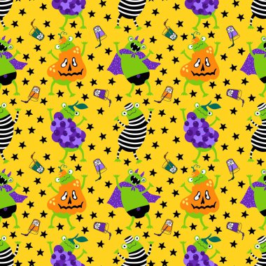 Çizgi film cadılar bayramı hayvan karnavalı kostümleri, kağıt, kumaş, çarşaf, çocuk kıyafetleri ve sonbahar partisi aksesuarları için kusursuz kurbağalar ve balkabağı desenleri. Yüksek kaliteli illüstrasyon