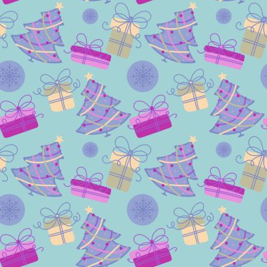 Suluboya Noel ağacı ambalaj kağıtları, kumaşlar, parti aksesuarları, şenlikli ambalajlar ve çocuk giysileri baskısı için kusursuz yeni yıl deseni. Yüksek kaliteli illüstrasyon