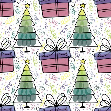 Suluboya Noel ağacı ambalaj kağıtları, kumaşlar, parti aksesuarları, şenlikli ambalajlar ve çocuk giysileri baskısı için kusursuz yeni yıl deseni. Yüksek kaliteli illüstrasyon