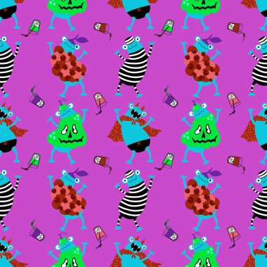 Çizgi film cadılar bayramı hayvan karnavalı kostümleri, kağıt, kumaş, çarşaf, çocuk kıyafetleri ve sonbahar partisi aksesuarları için kusursuz kurbağalar ve balkabağı desenleri. Yüksek kaliteli illüstrasyon