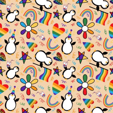 Kağıt, kumaş, çarşaf ve parti aksesuarları ve şenlik ambalajları için yazlık, gökkuşağı renksiz lgbt penguen deseni. Yüksek kaliteli illüstrasyon