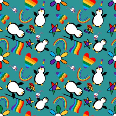 Kağıt, kumaş, çarşaf ve parti aksesuarları ve şenlik ambalajları için yazlık, gökkuşağı renksiz lgbt penguen deseni. Yüksek kaliteli illüstrasyon