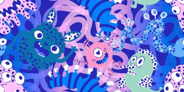 Cartoon monsters seamless emoticons aliens pattern for kids clothes print and wrapping paper and fabrics and linens and kindergarten. High quality illustration