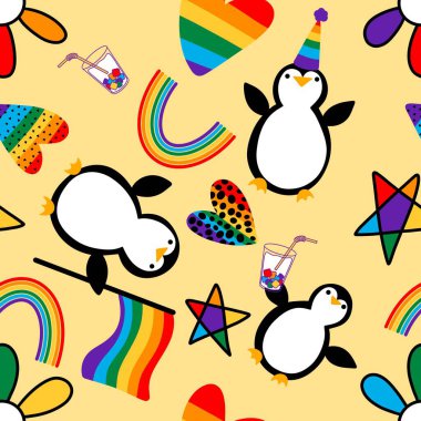 Kağıt, kumaş, çarşaf ve parti aksesuarları ve şenlik ambalajları için yazlık, gökkuşağı renksiz lgbt penguen deseni. Yüksek kaliteli illüstrasyon