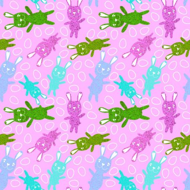 Paskalya hayvanlarının tavşanları kağıt, kumaş ve çarşaf sarmak için kusursuz tavşan desenleri ve çocuk giysileri baskısı ve şenlikli ambalajlar ve parti aksesuarları. Yüksek kaliteli illüstrasyon