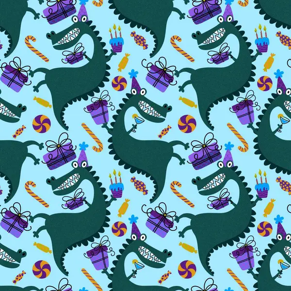 Мультяшні Монстри Дракон Безшовний Візерунок Нагоди Дня Народження Крокодили Обгортання — стокове фото