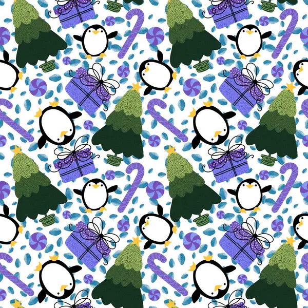 Kerstboom Geschenkdoos Naadloos Pinguïn Patroon Voor Het Inpakken Van Papier — Stockfoto