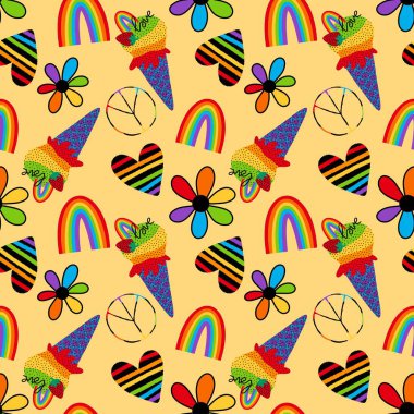 Yazlık gökkuşağı dondurması kağıtları, kumaşları, çarşafları, tekstil kıyafetleri ve parti gururu aksesuarları için kusursuz lgbt aşk deseni. Yüksek kaliteli illüstrasyon