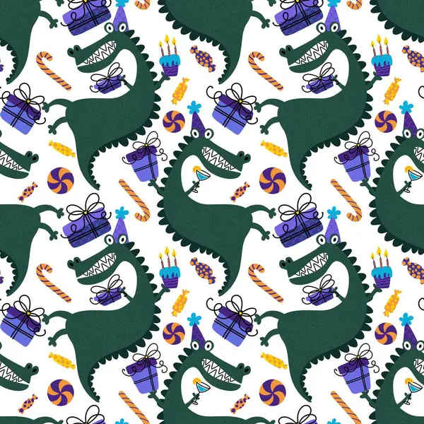 Cartoon Monsters Draak Naadloze Verjaardag Krokodil Patroon Voor Het Inpakken — Stockfoto