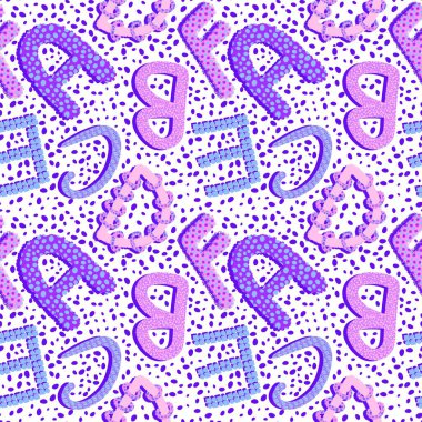 Kağıt, kumaş, çarşaf, çocuk kıyafetleri, sonbahar baskısı, parti aksesuarları ve okul ambalajları için çizgi film alfabesiz anaokulu deseni. Yüksek kaliteli illüstrasyon