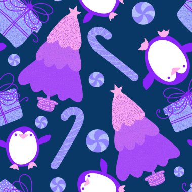 Noel ağacı ve hediye kutusu, kağıt, kumaş, çarşaf, çocuk giysisi baskısı, parti aksesuarları ve yeni yıl paketleri için kusursuz penguen deseni. Yüksek kaliteli illüstrasyon