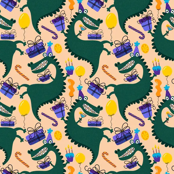 Cartoon Monster Drachen Nahtlosen Geburtstag Krokodilmuster Zum Einwickeln Von Papier — Stockfoto