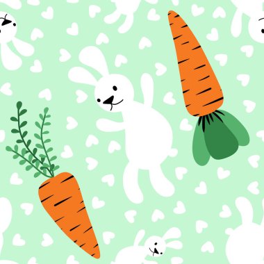Paskalya hayvanları, paskalya tavşanı ve havuç desenli ambalaj kağıtları, kumaşlar, çarşaflar ve çocuk giysileri baskısı ve mutfak tekstili. Yüksek kaliteli illüstrasyon