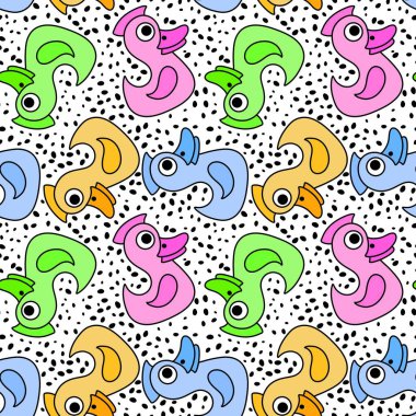 Çizgi filmlerdeki kuşlar kağıt, kumaş, çarşaf, çocuk kıyafeti, yaz baskısı ve parti aksesuarları için kusursuz ördek desenleri. Yüksek kaliteli illüstrasyon