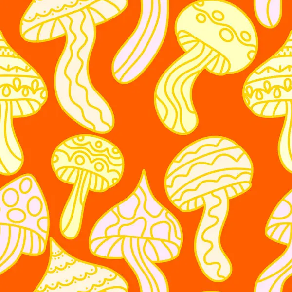 Cartoon autumn harvest seamless Halloween mushrooms with skulls pattern for wrapping paper and fabrics and linens and kids print and festive packaging and accessories. High quality illustration