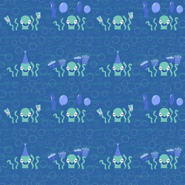 Summer birthday print seamless cartoon octopus pattern for wrapping paper and fabrics and kids clothes and party accessories and festive packaging and fashion textiles. High quality illustration