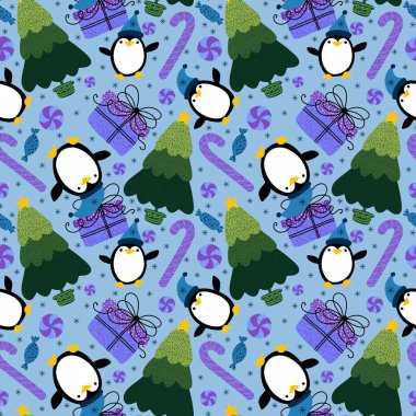 Noel ağacı ve hediye kutusu, kağıt, kumaş, çarşaf, çocuk giysisi baskısı, parti aksesuarları ve yeni yıl paketleri için kusursuz penguen deseni. Yüksek kaliteli illüstrasyon