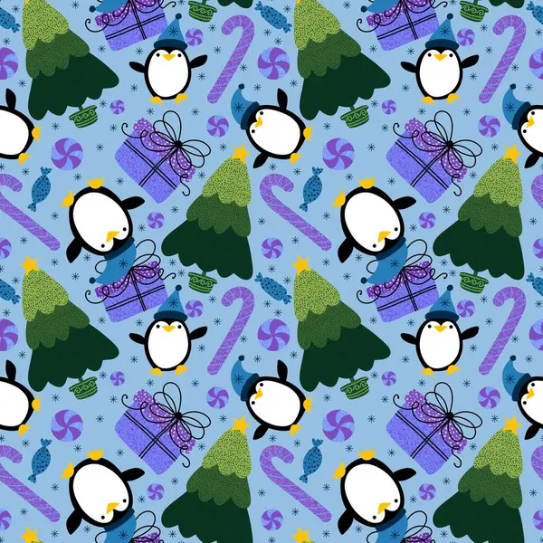 Kerstboom Geschenkdoos Naadloos Pinguïn Patroon Voor Het Inpakken Van Papier — Stockfoto