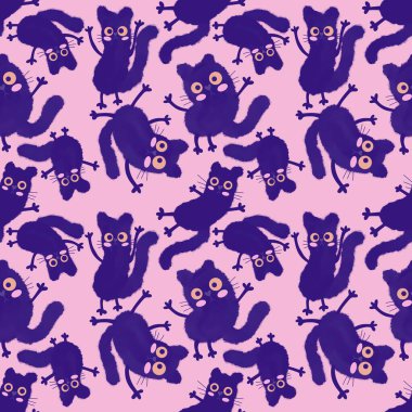 Suluboya kağıtlar, kumaşlar, çarşaflar, çocuk giysileri baskıları, parti aksesuarları ve şenlik ambalajları için kusursuz Cadılar Bayramı kedileri deseni oluşturur. Yüksek kaliteli illüstrasyon