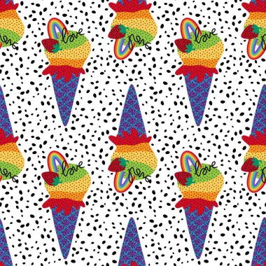 Yazlık gökkuşağı dondurması kağıtları, kumaşları, çarşafları, tekstil kıyafetleri ve parti gururu aksesuarları için kusursuz lgbt aşk deseni. Yüksek kaliteli illüstrasyon