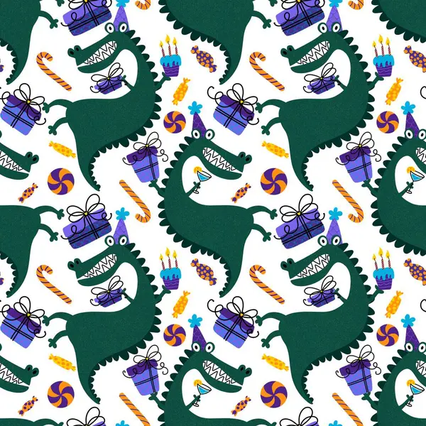 Cartoon Monster Drachen Nahtlosen Geburtstag Krokodilmuster Zum Einwickeln Von Papier — Stockfoto