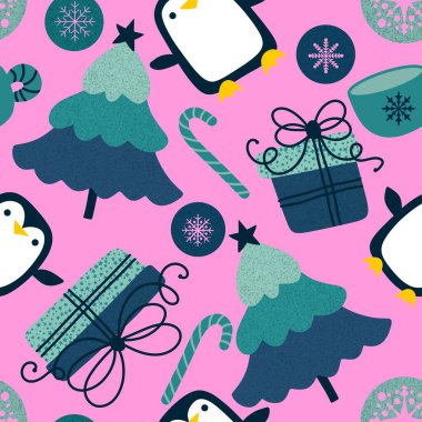 Noel ağacı ve hediye kutusu, kağıt, kumaş, çarşaf, çocuk giysisi baskısı, parti aksesuarları ve yeni yıl paketleri için kusursuz penguen deseni. Yüksek kaliteli illüstrasyon