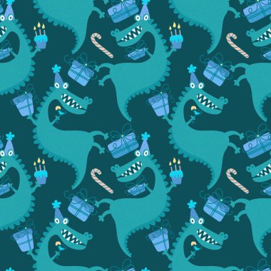 Çizgi filmlerdeki canavarlar ejderha kusursuz doğum günü timsahı desenleri kağıt, kumaş, çarşaf ve çocuk kıyafetleri baskısı ve parti aksesuarları ve şenlik ambalajları. Yüksek kaliteli illüstrasyon