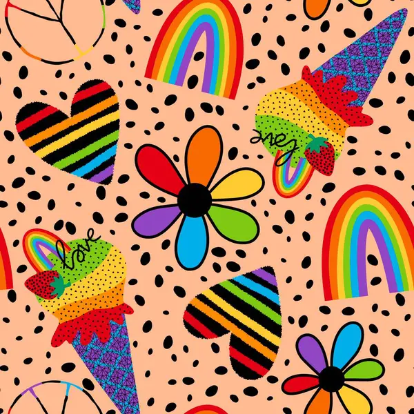 Yazlık gökkuşağı dondurması kağıtları, kumaşları, çarşafları, tekstil kıyafetleri ve parti gururu aksesuarları için kusursuz lgbt aşk deseni. Yüksek kaliteli illüstrasyon