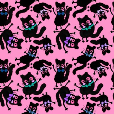 Suluboya kağıtlar, kumaşlar, çarşaflar, çocuk giysileri baskıları, parti aksesuarları ve şenlik ambalajları için kusursuz Cadılar Bayramı kedileri deseni oluşturur. Yüksek kaliteli illüstrasyon