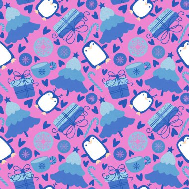 Noel ağacı ve hediye kutusu, kağıt, kumaş, çarşaf, çocuk giysisi baskısı, parti aksesuarları ve yeni yıl paketleri için kusursuz penguen deseni. Yüksek kaliteli illüstrasyon