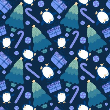 Noel ağacı ve hediye kutusu, kağıt, kumaş, çarşaf, çocuk giysisi baskısı, parti aksesuarları ve yeni yıl paketleri için kusursuz penguen deseni. Yüksek kaliteli illüstrasyon