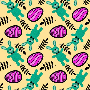 Paskalya hayvanlarının tavşanları kağıt, kumaş ve çarşaf sarmak için kusursuz tavşan desenleri ve çocuk giysileri baskısı ve şenlikli ambalajlar ve parti aksesuarları. Yüksek kaliteli illüstrasyon