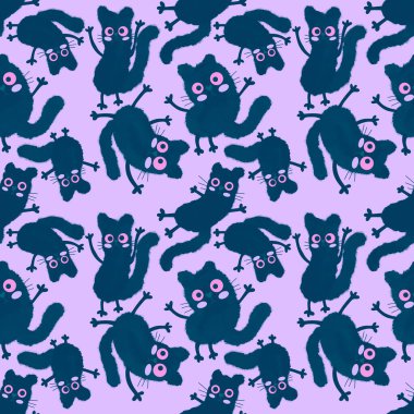 Suluboya kağıtlar, kumaşlar, çarşaflar, çocuk giysileri baskıları, parti aksesuarları ve şenlik ambalajları için kusursuz Cadılar Bayramı kedileri deseni oluşturur. Yüksek kaliteli illüstrasyon